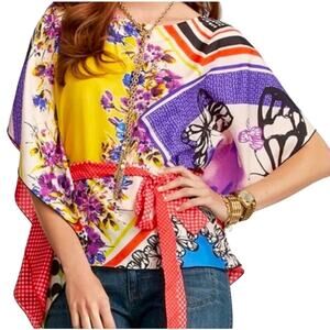Cabi Silk Kimono Top Floral Butterfly Print Tie Waist Blouse Colorful Womens S